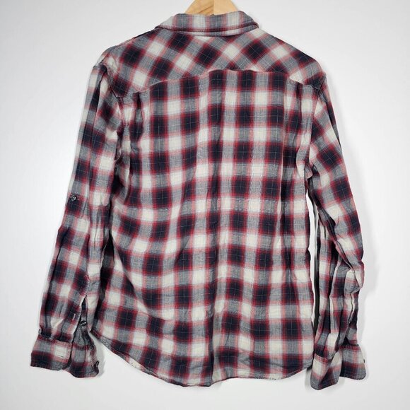 Vince Mens Large Red Navy Plaid Button-Down Shirt Distressed Large - Picture 2 of 9